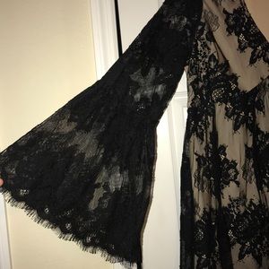 Black Flared Long Sleeve Layered Floral Lace Dress